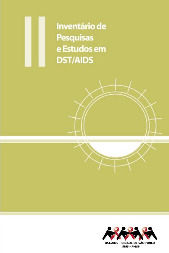 Capa do II Inventário de Pesquisas e Estudos em DST/AIDS, com fundo verde claro e uma forma circular branca ao centro à direita, cruzada ao centro por uma reta também branca. No rodapé há uma barra branca com o logo da Secretaria Municipal da Saúde de 2003.